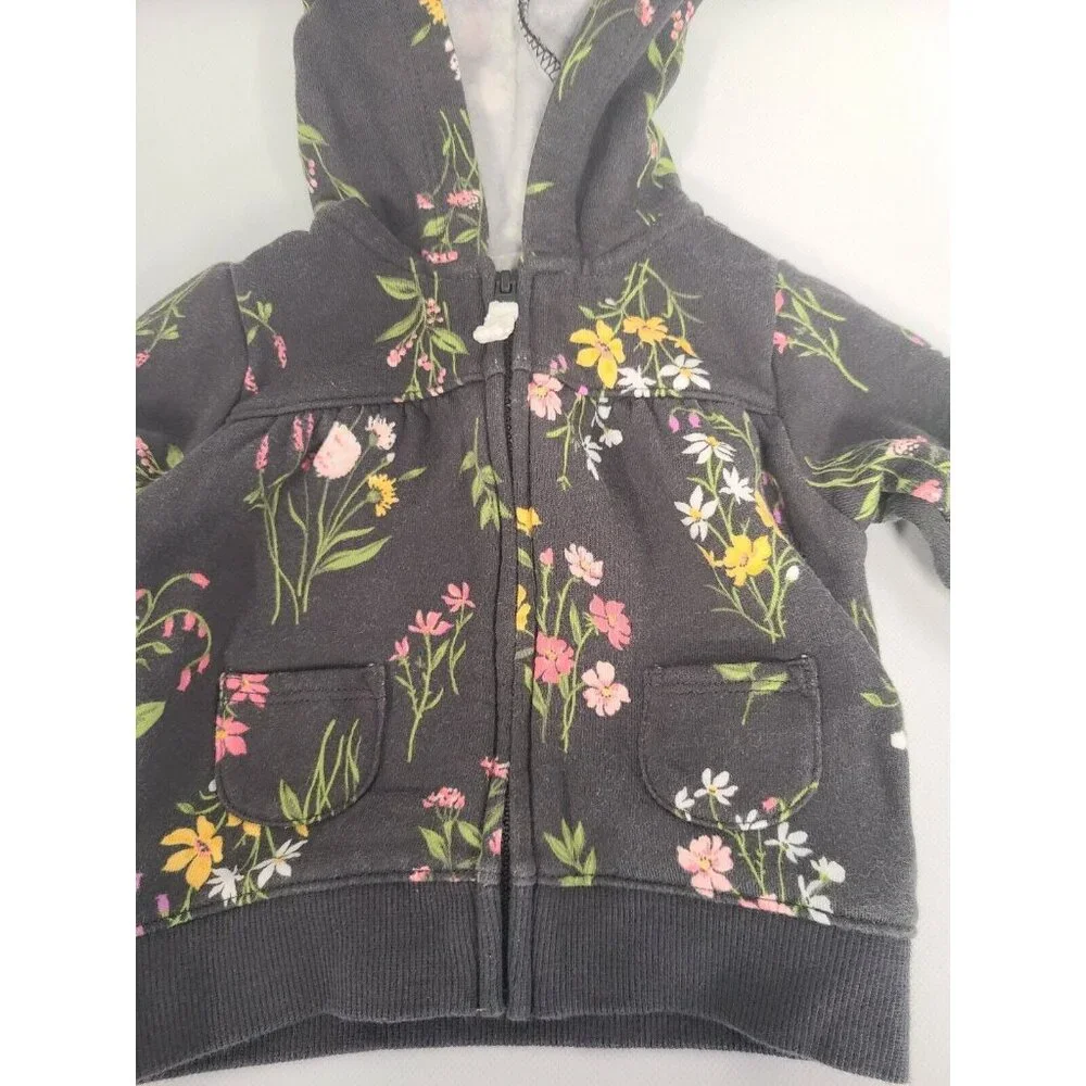 Carters Baby Girls Hoodie and Pants Outfit Set Size 3M Gray Floral Allover print